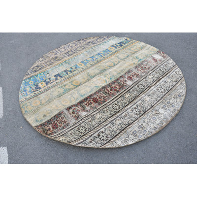 Tapis Oushak turc rond fait à la main: tapis en laine biologique de style rétro pour salon bleu / vert