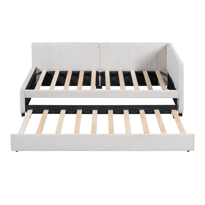 Upholstered Daybed With Trundle  Sofa Bed Frame No Box Spring Needed, Beige, Twin