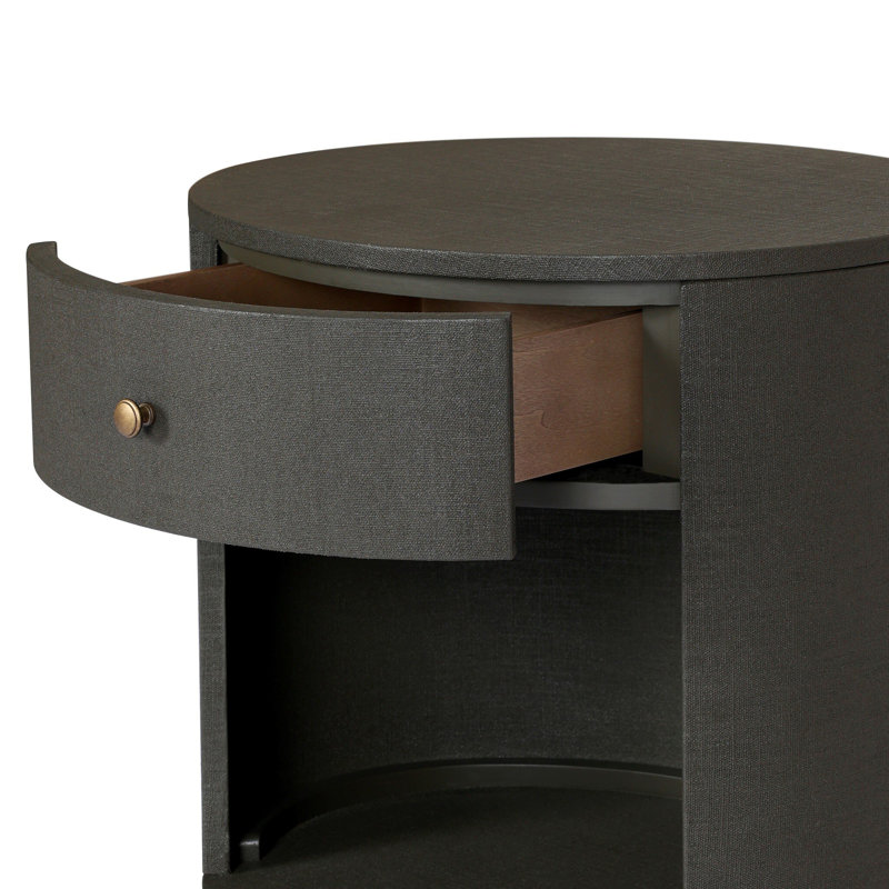 Amelia Oval One Drawer Nightstand-Black Linen, Dark Green Lacquered Linen