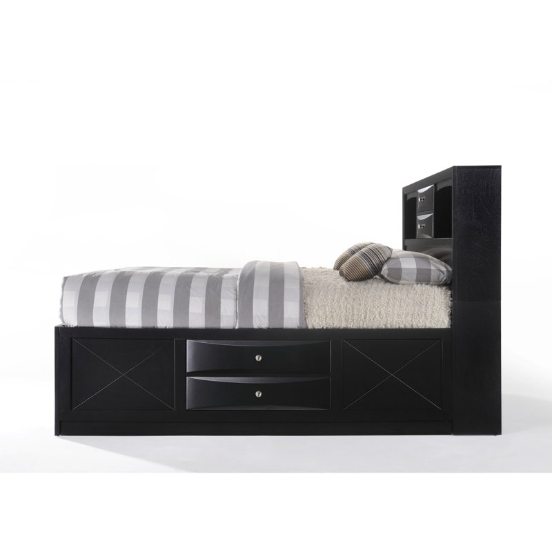 Lit double à finition noire avec rangement - 8 tiroirs, sans sommier, processus d’intérieur en bois