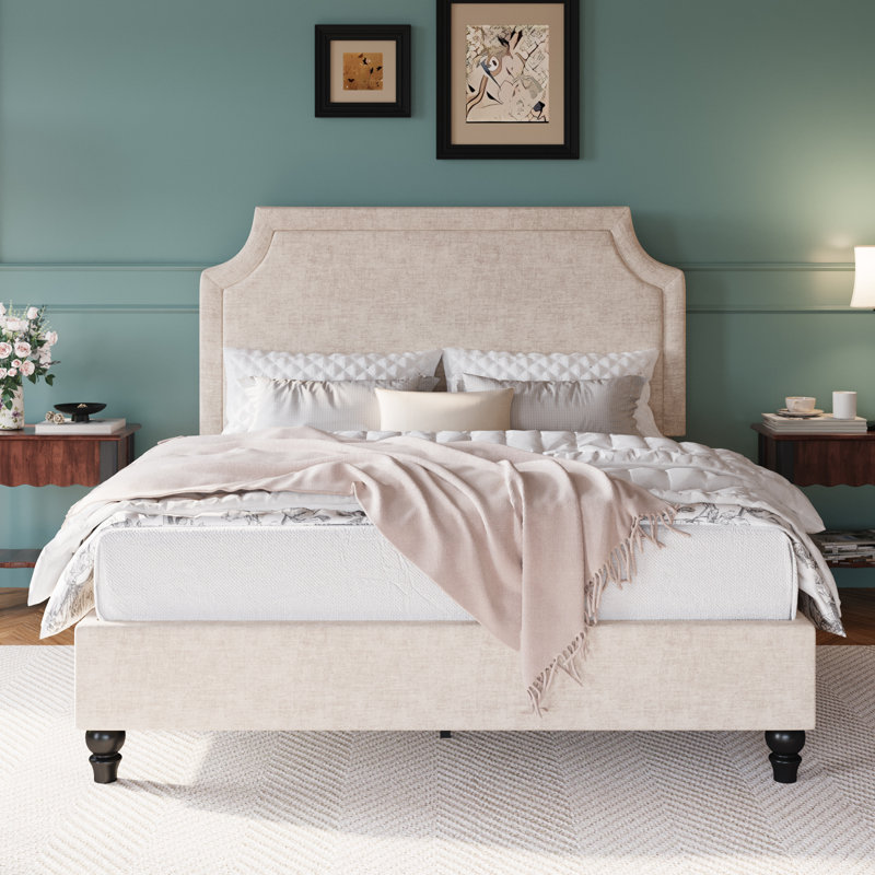 Modern Chenille Upholstered Bed With Adjustable Headboard & Solid Wood Legs, Beige, Full