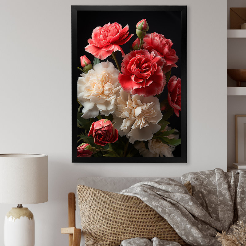 Nature morte, Œillets roses en fleurs I - œillets, art mural, H 32 po x l 16 po x P 1 po, Cadre flottant simple doré