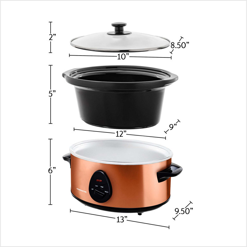 OVENTE 3.7-Quart Manual Slow Cooker with 3 Cooking Settings, Dishwasher Safe Stoneware and Glass Lid, Stainless Steel Body, Removable Oval Pot for Entrees, Soups, Sauces, Stews & Dips, Copper SLO35ACO