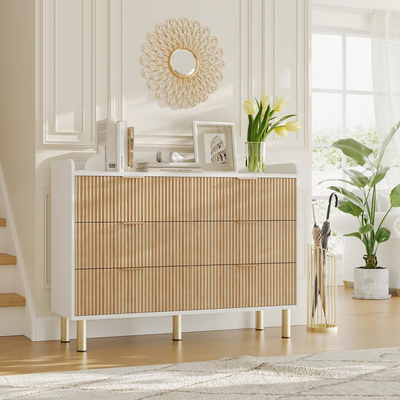 47.2" Fluted Wood Double Dresser for Bedroom, Curved Design Chest with Metal Handles Storage Cabinet