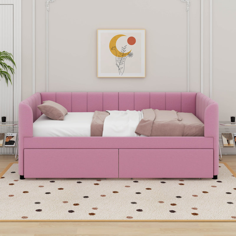 Lit de jour simple tapissier avec tiroirs, Rose