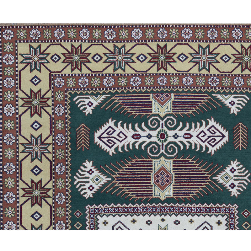 Kazak Wool Oriental Area Rug in Green/Maroon/Brown/White, Rectangle 3'11" x 5'9"