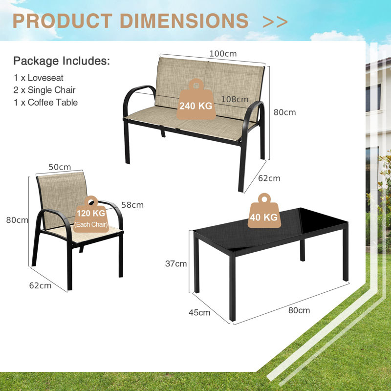 4-Piece Patio Furniture Set With 2 Chairs & Glass Coffee Table-Brown, Black/Brown