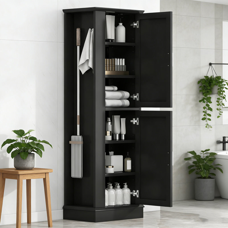 Grande armoire de rangement autoportante pour salle de bain avec crochet et tablette réglable, matériau en panneau de fibres à densité moyenne