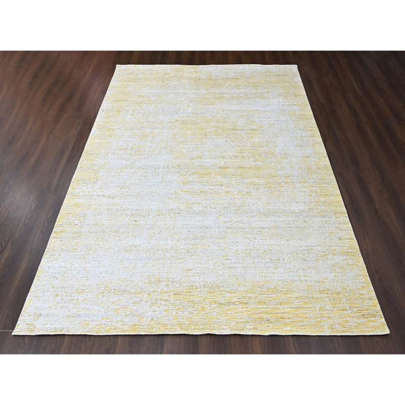 Tapis oriental de style moderne 9 pi x 9 pi, jaune, macaron, tissé à la main, en laine et en soie à base de plantes
