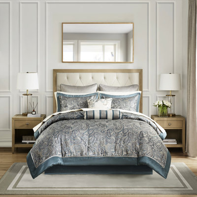 King Size Comforter With 12 Pieces And Teal Cotton Sheets. Includes Comforter, 2 Shams, Euro Throw Pillows, 1 Bed Skirt, Fitted Sheet, Flat Pillow Cases. 100% Microfiber Reverse, Filling. 200Tc
