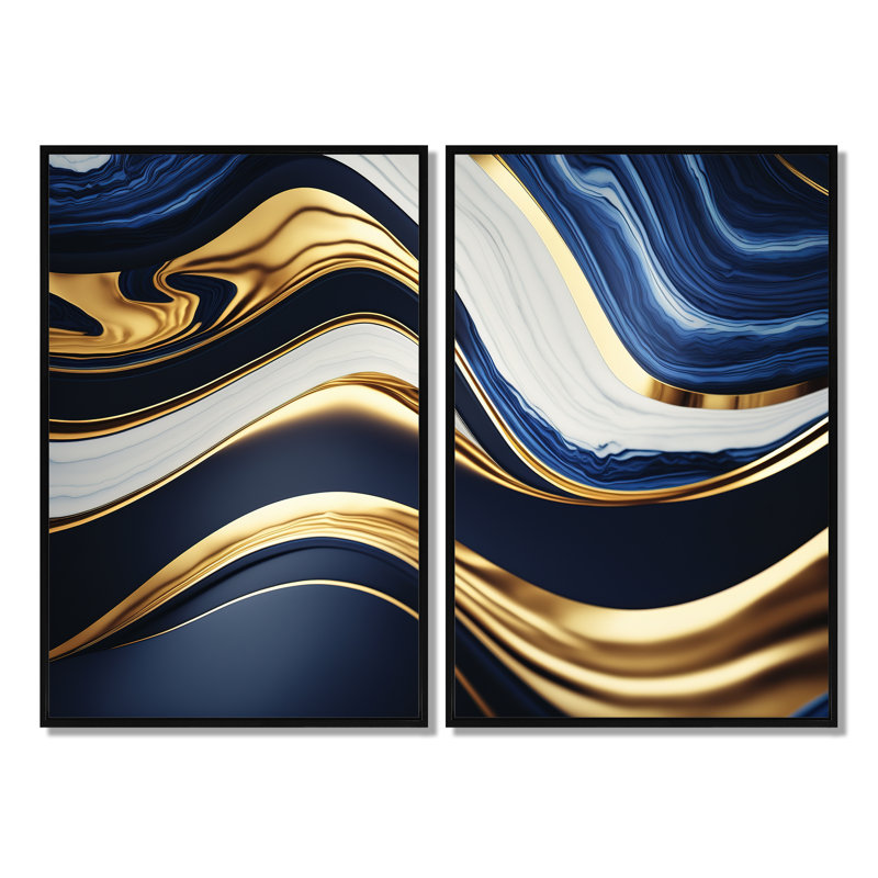 Abstrait géométrique vagues bleues et dorées - impressions sur toile modernes, Black, 36" H x 48" W