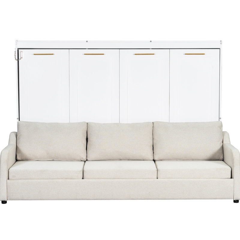 Lit armoire beige avec rangement pliable et rangement, éclairage à DEL pour une atmosphère chaleureuse, tablettes de rangement à lumières douces, espace de vie restreint parfait