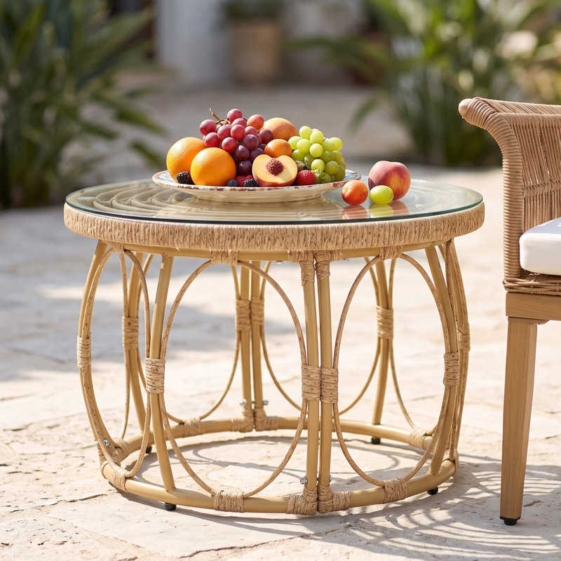 Table basse intérieure/extérieure de 68 cm de large, table d'appoint ronde en aluminium pour terrasse avec dessus en verre et revêtement en résine tressée PE.