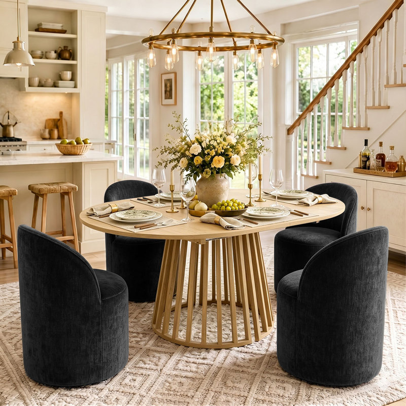 4 - Person Dining Table Sets With Extendabe Oval Table & 4 Upholstered Chenille Rolling Chairs, Black