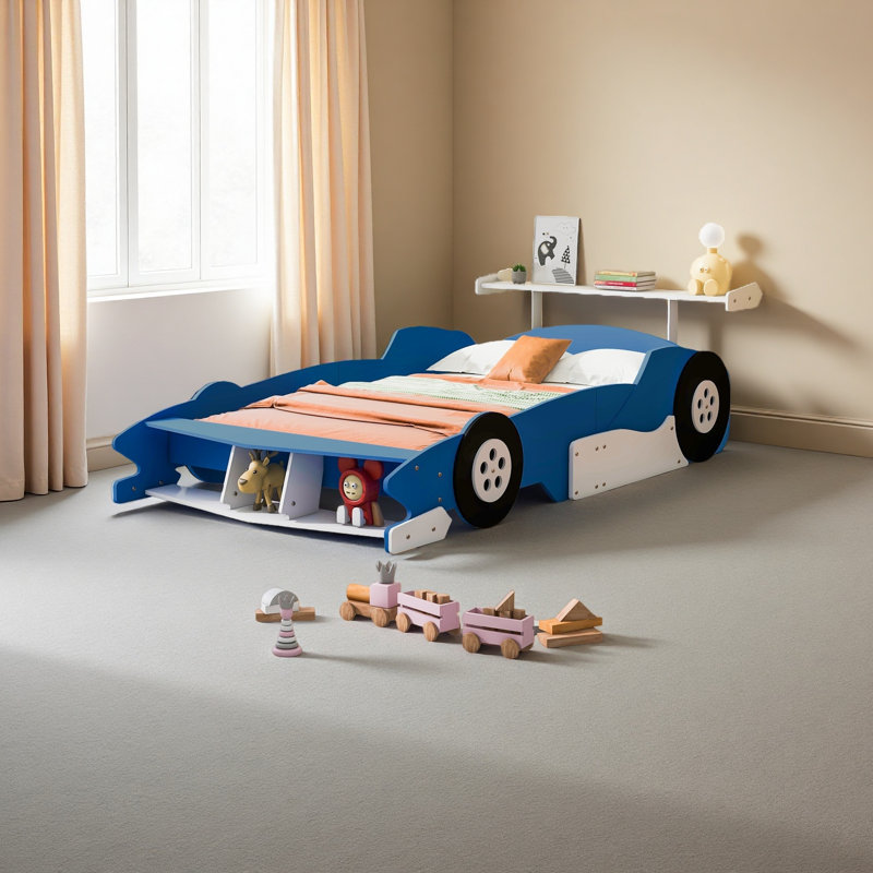 Lit plateforme pleine grandeur en forme de voiture de course avec roulettes, Bleu