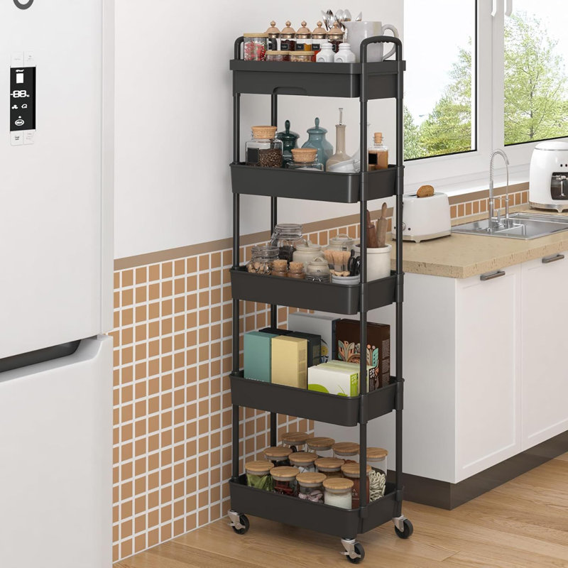 5 Tier Rolling Utility Cart with Drawer,Utility Cart Made of Multifunctional Storage Organizer Tool, Black