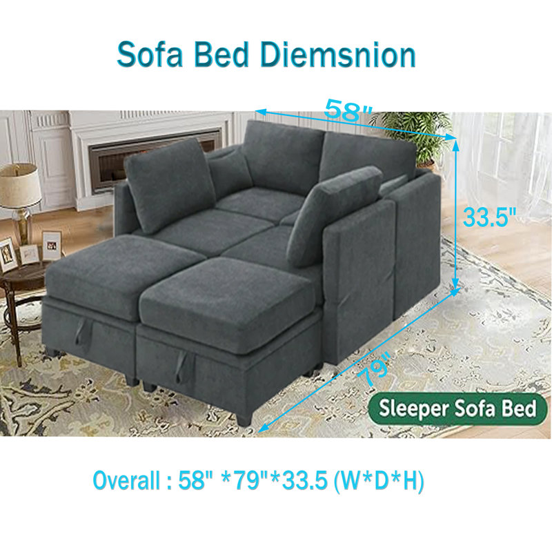 Canapé-lit modulaire convertible de 6 pièces Hashim, Polyester 100 % gris foncé
