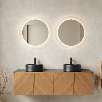 60" Bathroom Vanity , Black Round Basins, Stone Pattern, Sintered Counter, Brown Oak , And Stain-, Soft Close System, Easy To Install Storage With 2 Ceramic Sinks, Marble Pattern Cabinet, -