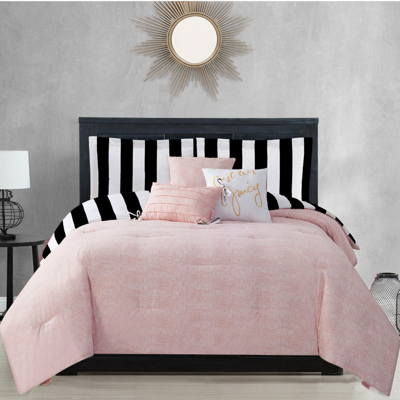 Juicy Couture Cabana Stripe Comforter Sets, Full/Queen Comforter + 2 Shams + 3 Throw Pillows, Black/White