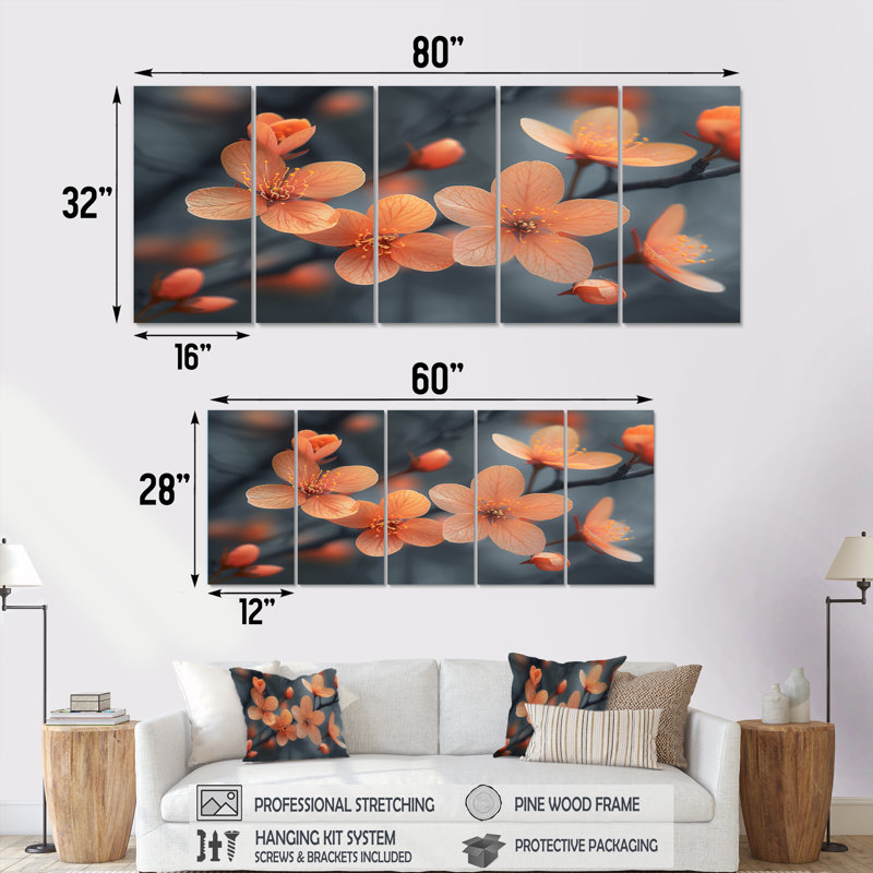 «Pastel Orange Cherry Blossom Photo», ensemble de reproduction d'art mural cerisier en fleurs, H 32 po x l 80 po
