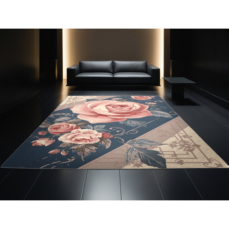 Machine Washable Orlandra Pink Rose Florentiner Floral Rug in Gray – Gray Binding, 6' Square