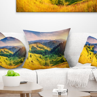 Green Hills Glowing by Sunlight - Landscape Printed Pillow