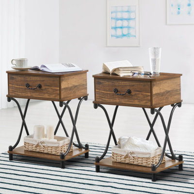 Kempst 17.7'' W Vintage Nightstand with Drawer and Storage Shelf, Set of 2 Metal Frame Bedside Table, Wooden End Table Set for Bedroom, Living Room, Small Space