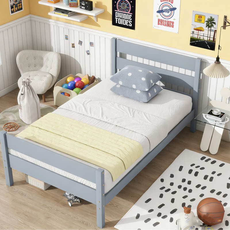 Twin Size Solid Wood Platform Bed With Headboard And Footboard,Kid Bed, Gray