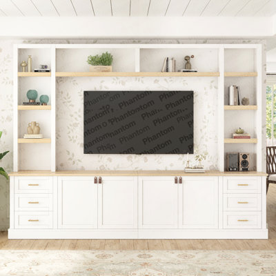 Meuble audio-vidéo de style maison de campagne l 102,3 po 4 pièces avec tablettes réglables, meuble télé avec bibliothèque pour téléviseur de 75 po ou moins, console multimédia avec 6 tiroirs pour le salon, blanc (ANCIEN SKU: N721S000051K)