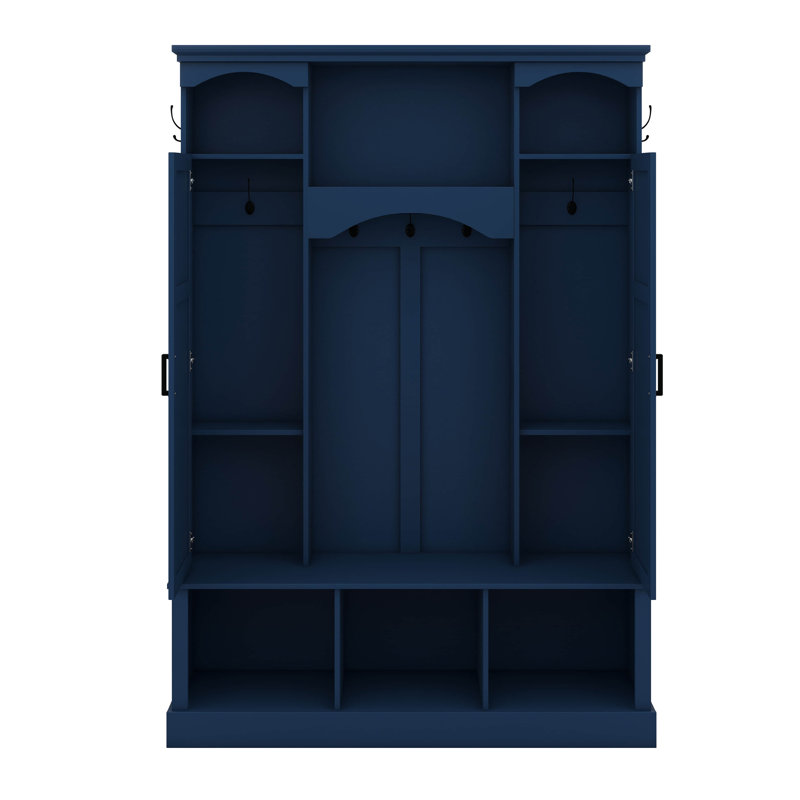 Hall Tree With Bench And Shoe Storage, Hall Tree With Adjustable Shelves, Arched Storage Bench With Cabinets, 7 Hooks, Blue
