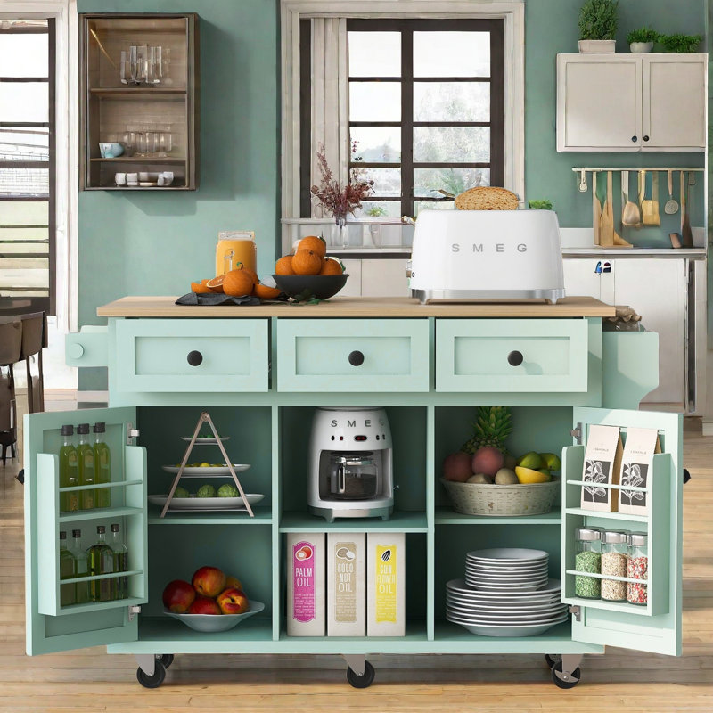 Kitchen Island With Drop-leaf Countertop, 5 Wheels, Storage Cabinet, Open Shelves And 3 Drawers, Green