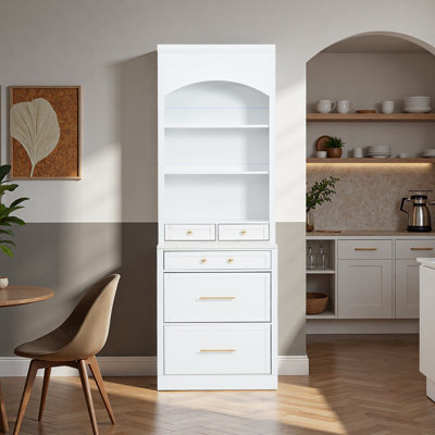 Ensemble de garde-manger moderne haut de 83,7 po avec 2 armoires autoportantes avec plateau en faux marbre, 5 tiroirs et tablette ajustable, huche de rangement blanche pour la cuisine, la salle à manger