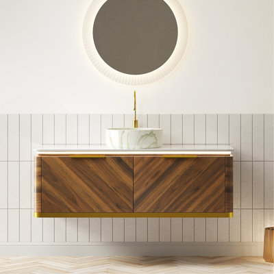 Meuble-lavabo 48 po, meuble de rangement flottant en contreplaqué, tiroirs avec poignée et capteur de lumière, vasque en céramique à motif de pierre et plateau en pierre frittée, pré-assemblé, couleur grain de bois noyer foncé