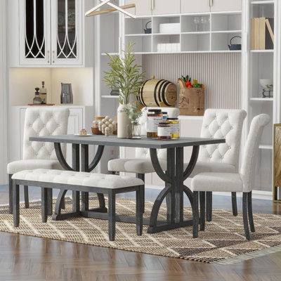 6-Piece Retro Rectangular Dining Table Set, Table With Unique Legs And 4 Upholstered Chairs & 1 Bench For Dining Room And Kitchen (Gray Wash)