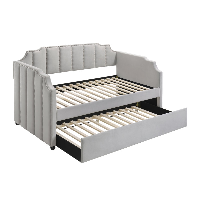 Dove Grey Tufted Back Twin Daybed With Trundle, Dove Gray