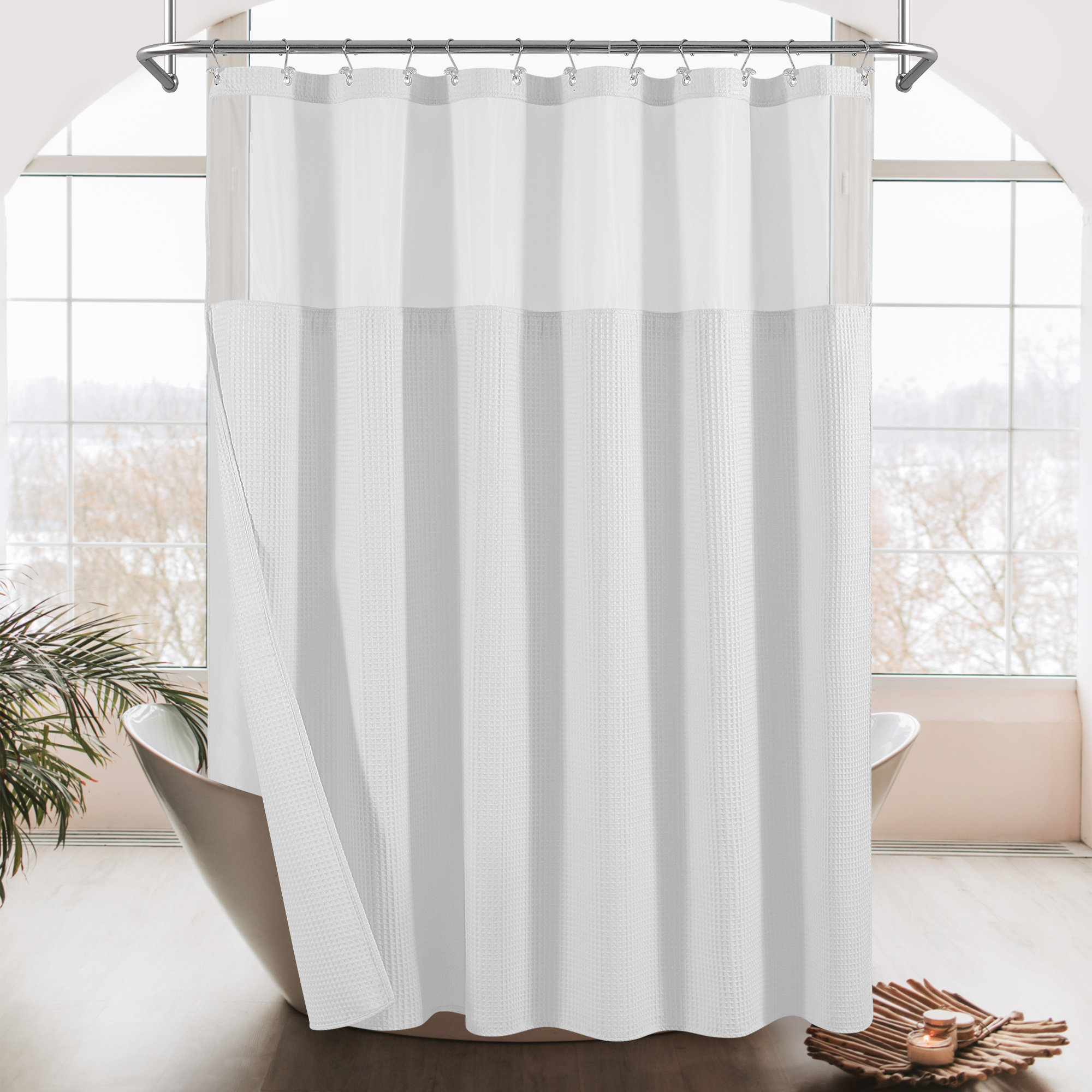 SnapHook Waffle Weave Fabric Shower Curtain with Snap-in Liner | 71WX78L,  Wine Red