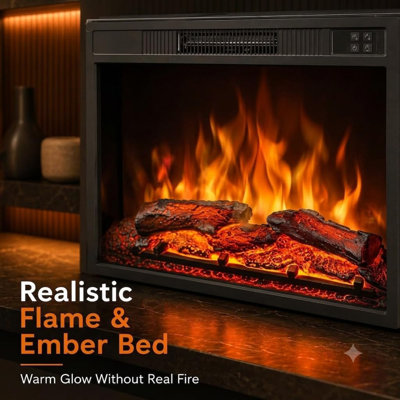 Foyer électrique encastré de 58 cm (23 po), 1500 W, avec télécommande, 3 niveaux de luminosité pour les flammes et les braises, minuterie de 0,5 à 9 heures, en fer et verre trempé.