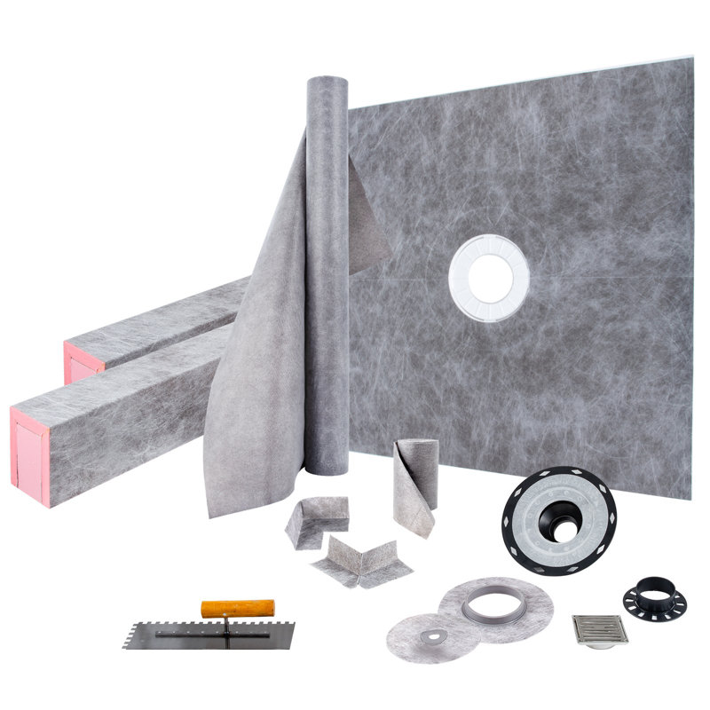 Shower Curb Kit, 48/"X48/" Watertight Shower Curb Overlay With 4/" PVC Central Bonding Flange, 4/" Stainless Steel Grate, 2 Cuttable Shower Curb And Trowel, Shower Pan Slope Sticks Fit For Bathr