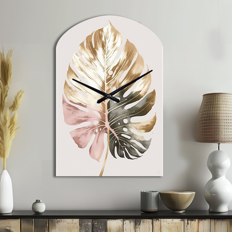 Or et blanc Philodendron feuille II - horloge florale en métal de forme unique, horloge murale, Médium