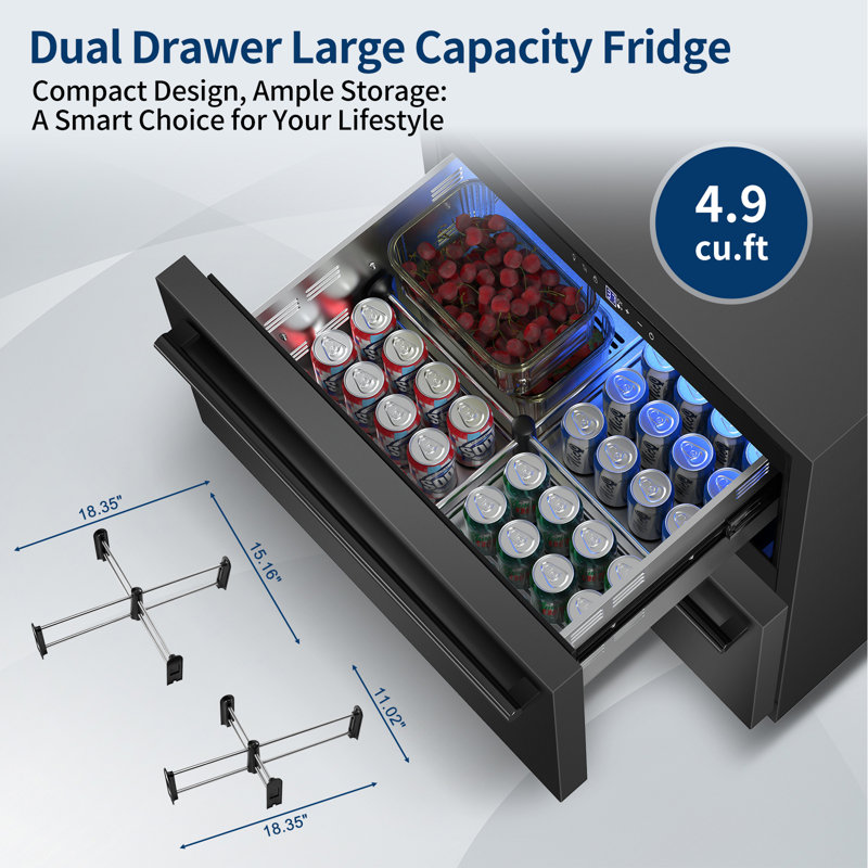 24 Inch Beverage Refrigerator Freestanding/Built-In Drawer Cooler Fridge Under Counter With Locking Swivel Casters And Grid Organizer - Black