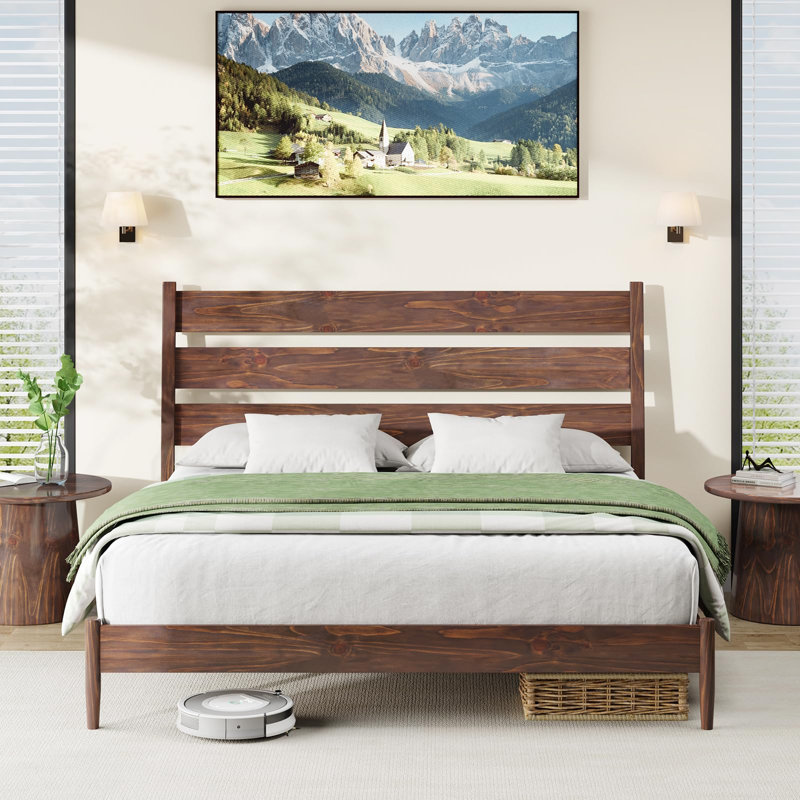 Base de lit en bois massif avec tête de lit ergonomique Flennory, Chocolat, Très grand