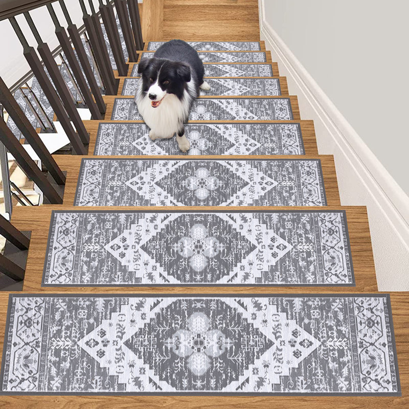 Tapis d'escalier intérieur antidérapant Michalah (ensemble de 15), Gris / blanc