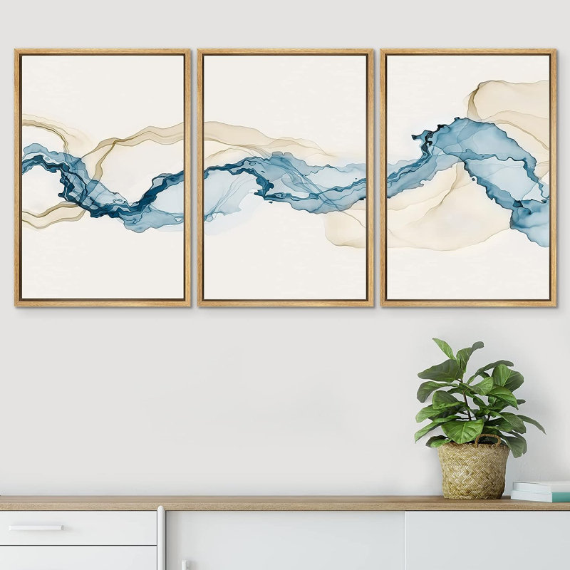 «Smoke Effect Blue Tan Smoke Wave Landscape», impression sur toile 3 pièces, H 24 po x l 16 po x P 1,5 po, Encadré naturel