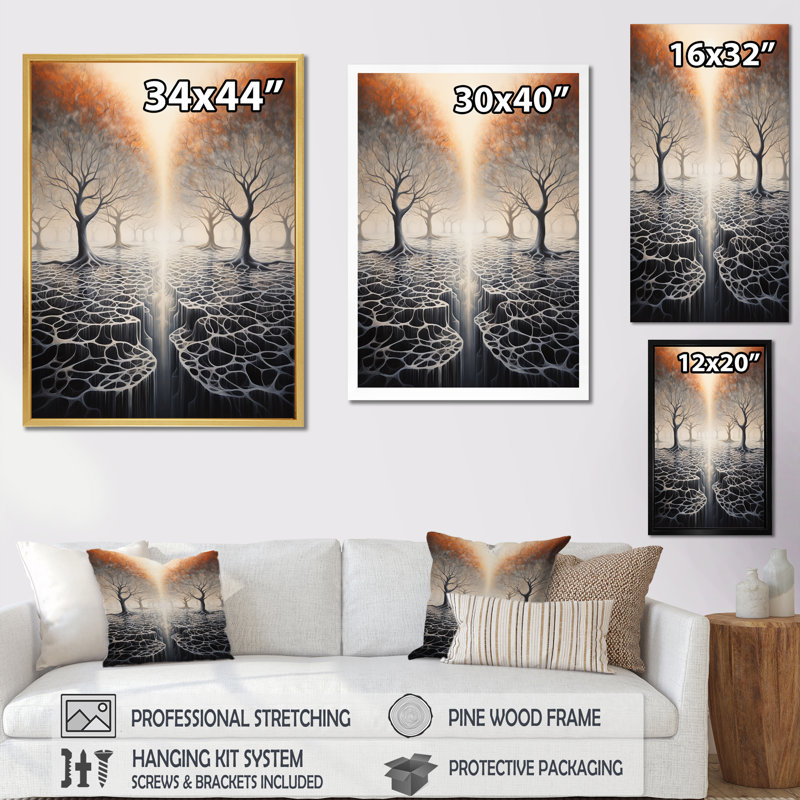 Surréalisme, arbre, racines célestes I sur toile, H 32 po x l 16 po x P 1 po, Cadre flottant noir