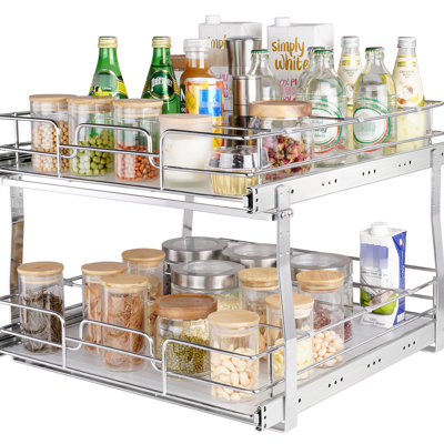 Tablettes coulissantes en acier à 2 niveaux pour garde-manger, l 20 po x P 21 po x H 15 po, solution de rangement pour la maison, facile à installer, pouvant contenir jusqu'à 66 lb d'armoire à tiroirs, tablettes robustes pour les pots et les bocaux, coulissante silencieuse