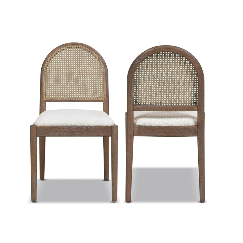 Ivory White Boucle Rattan Cane Side Dining Chair Set of 2