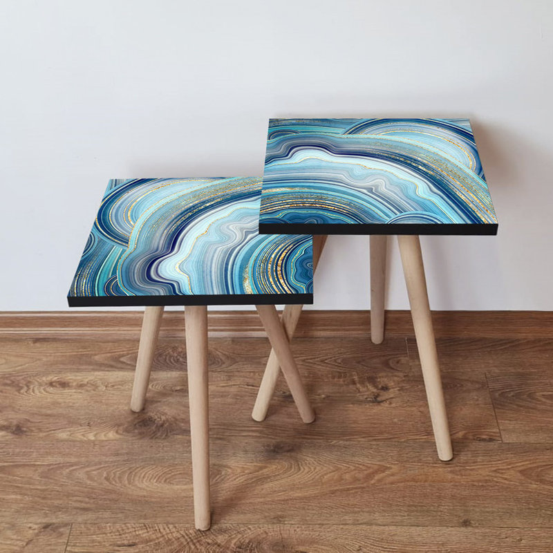 Élégantes tables gigognes (2 pièces) en marbre bleu marine et doré, 13,8 po x 18,5 po x 13,8 po et 13,8 po x 16,5 po x 13,8 po | 100% panneau de fibres à densité moyenne avec pieds en bois de hêtre, durable et élégant pour les espaces de vie modernes