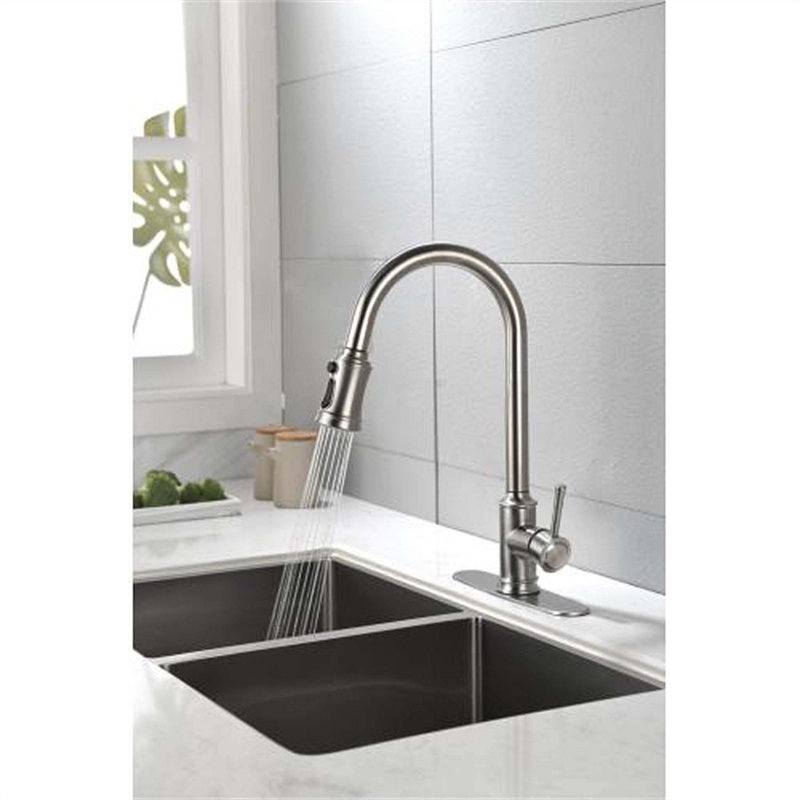 Robinet de cuisine rétractable à poignée simple avec accessoires, Nickel brossé