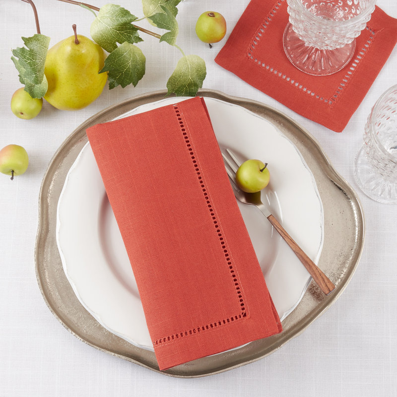 Terracotta Hemstitched Border 22" Square Polyester Napkins, Set of 12