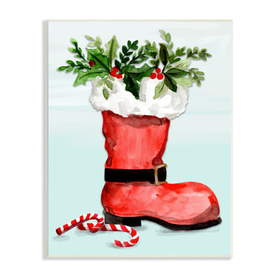 Rouge, botte de père Noël, bouquet botanique de houx, cannes de bonbon, art numérique sur estampe numérique par Kate Eldridge